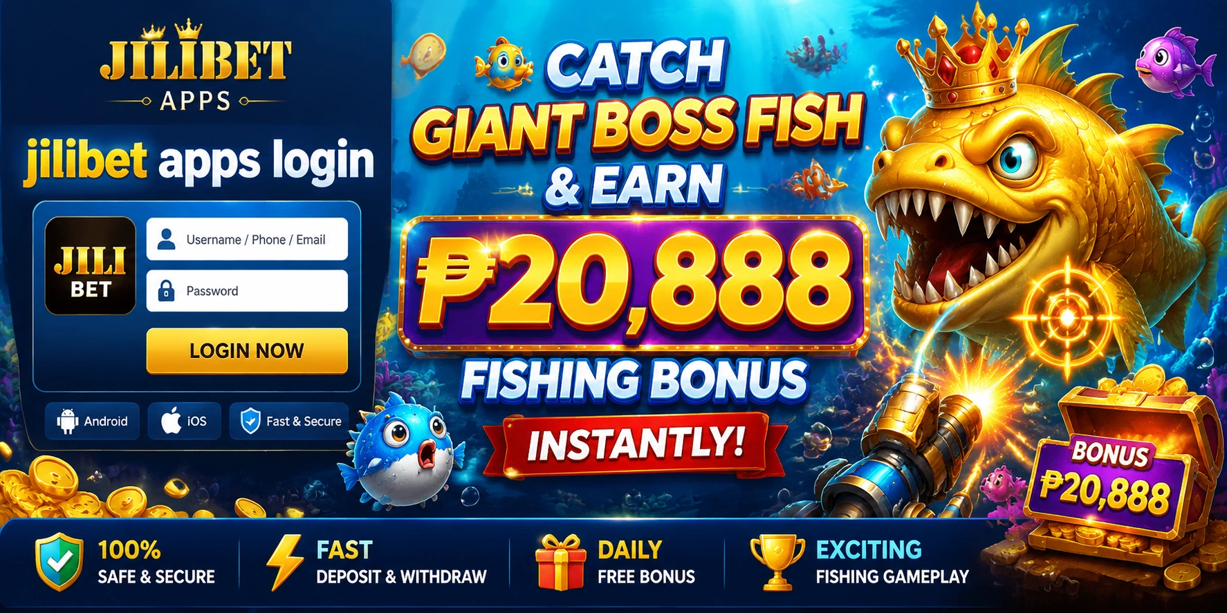 Arcade fishing scene with energetic visual effects